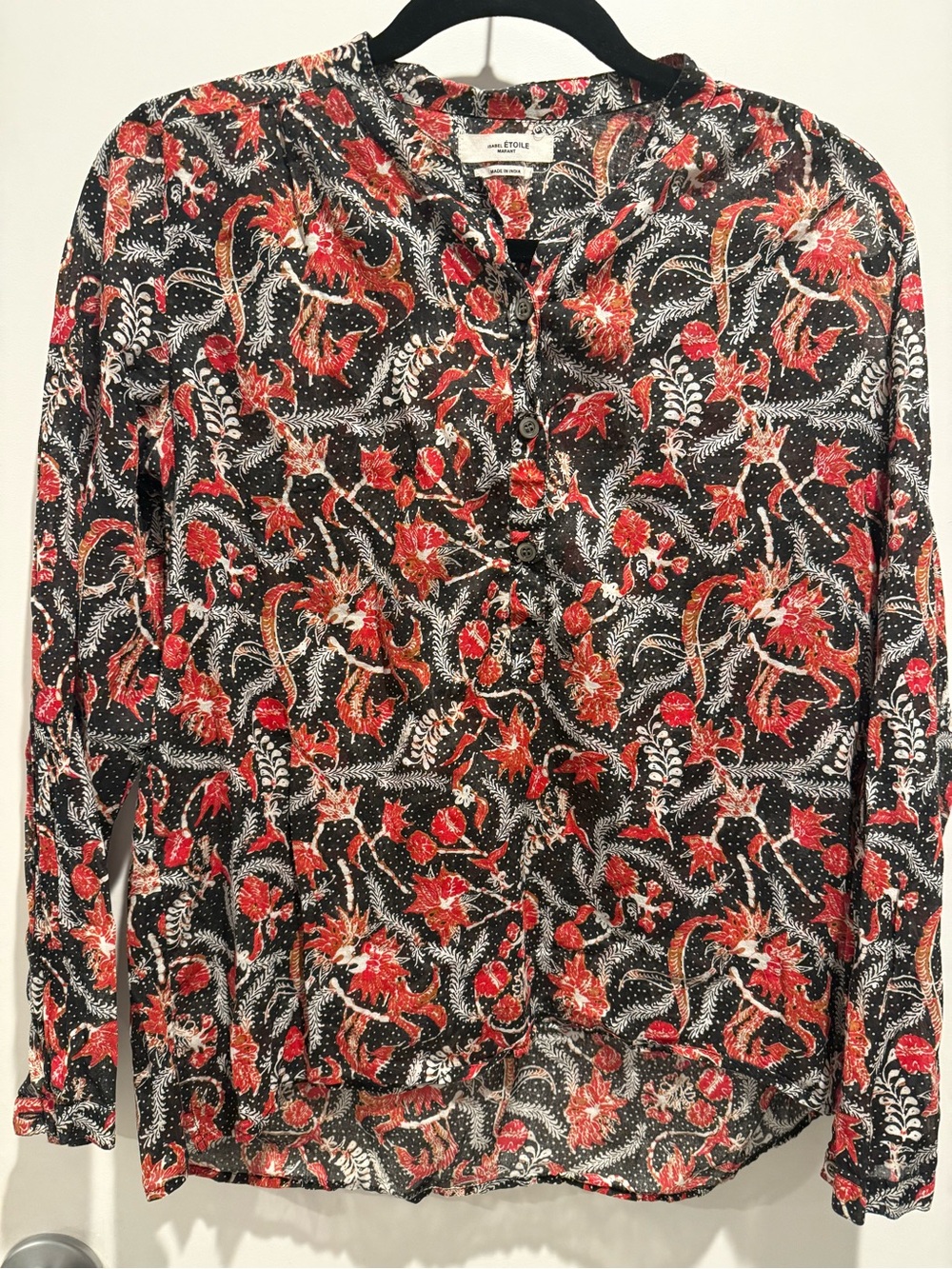 Isabel Marant Black Floral Button-Down Blouse with Red Accents euro 38 US size 6